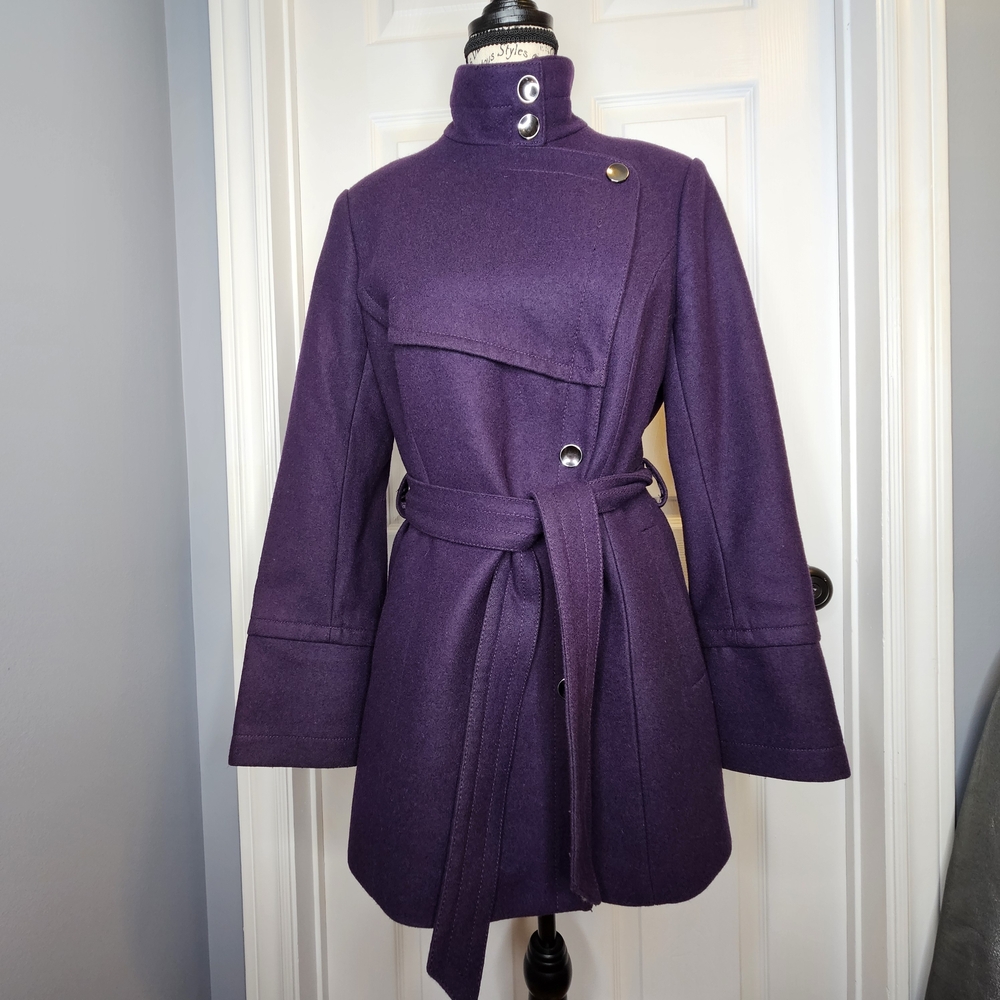 Cleo Women's Purple Wool Blend Pea Coat Belted Size 4 Petite